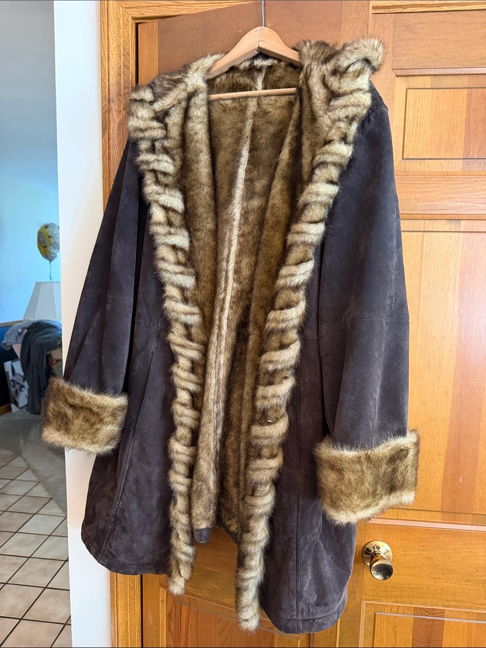 Women’s Dark Brown Suede Coat with Faux-Fur Trim